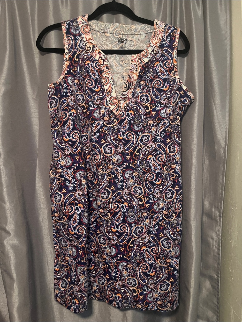 Lands' End Navy Paisley V-Neck Midi Dress with Pink & Orange Accents